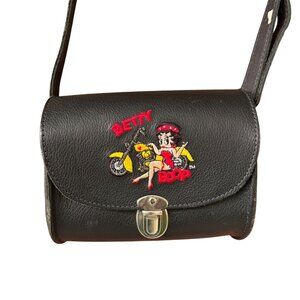 Betty Boop Motorcycle Embroidered Black Leather Crossbody Purse Bucket Bag USA